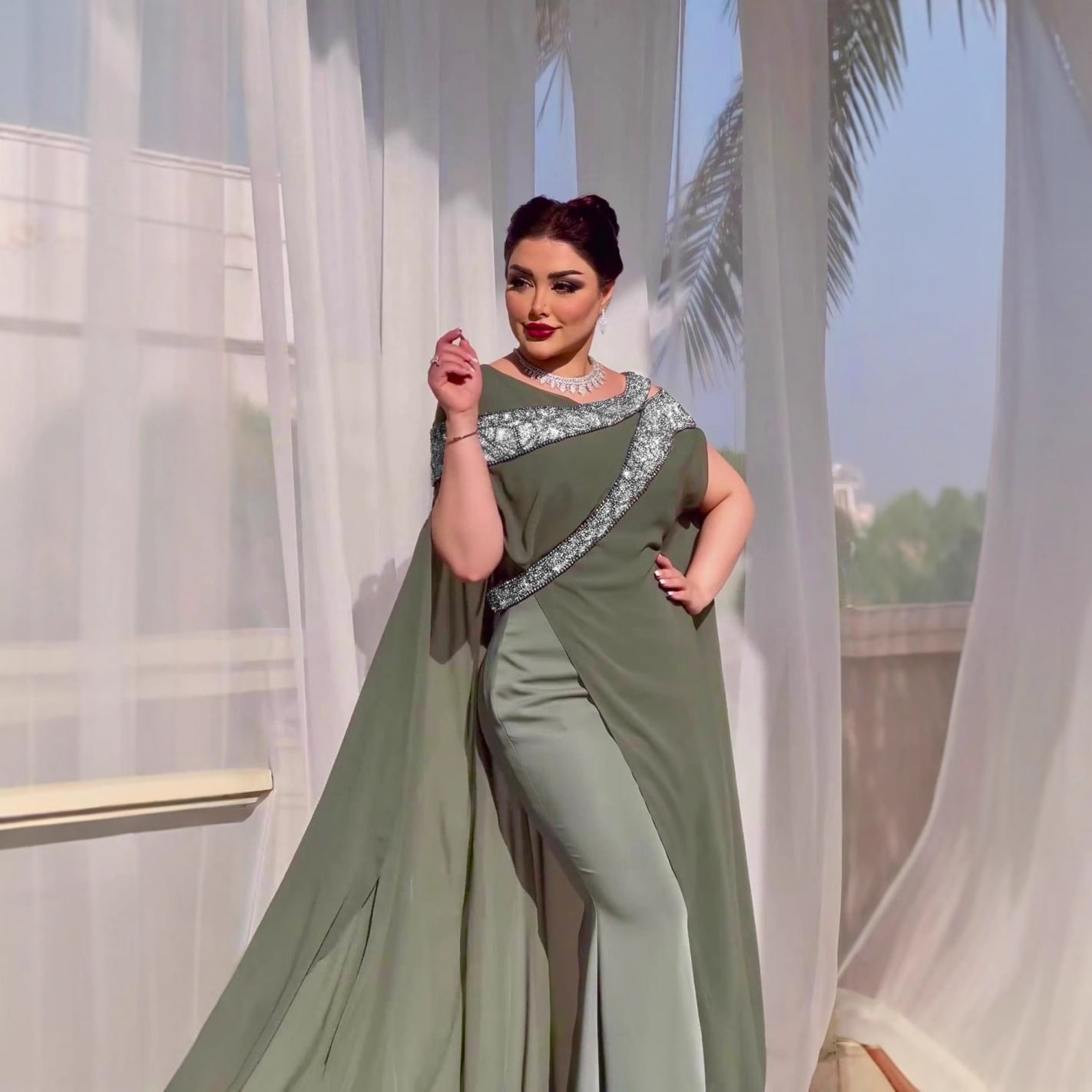 Autumn and Winter New Sexy Chiffon Bead Patchwork Prom Evening Dress