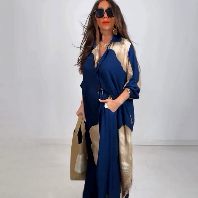 Elegant Sexy Printed Mid-Length Top and Wide-Leg Pants Two-Piece Set