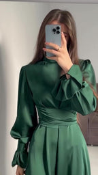 Autumn New Long Sleeve Waist Cinched Puff Sleeve Solid Color Fairy Style Dress