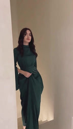 Spring New Cross-Border Palace Style Satin Waist-Cinching Elegant Half-High Collar Long Sleeve Dress