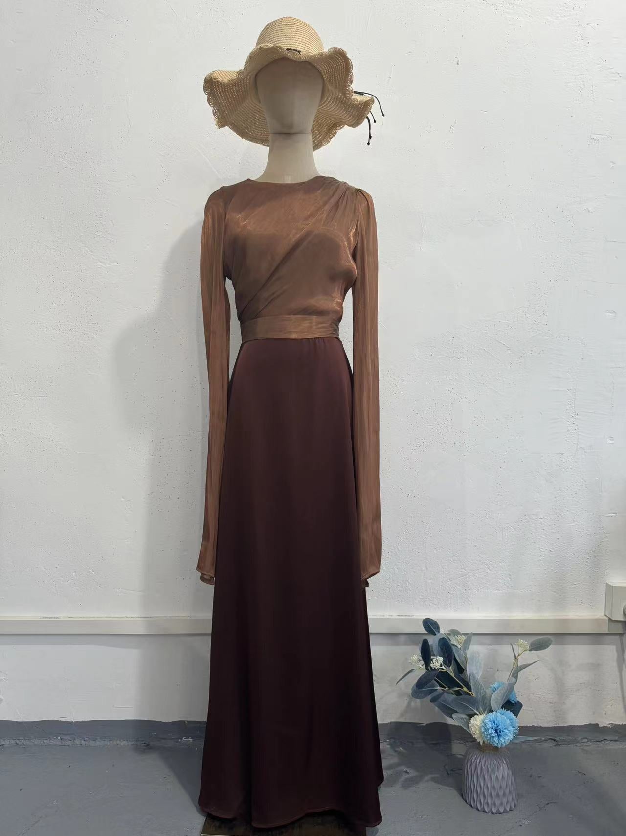 Summer Patchwork Glass Veil Long Sleeve Satin Slim Dress