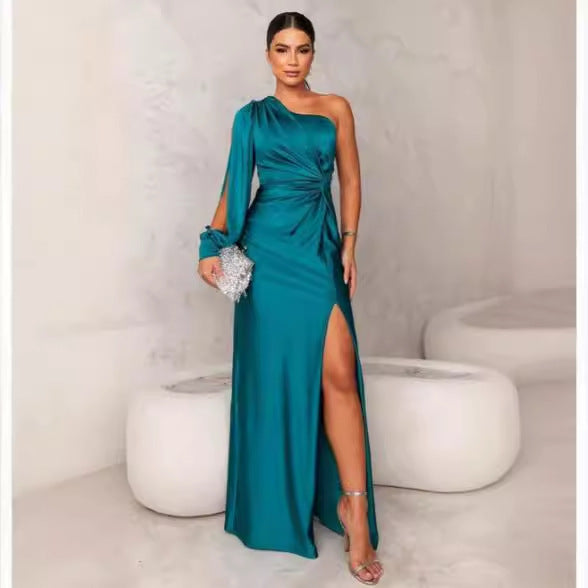 Women's Asymmetrical Neck Raglan Sleeve Ruched Waist Split Sexy Long Dress