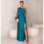 Women's Asymmetrical Neck Raglan Sleeve Ruched Waist Split Sexy Long Dress