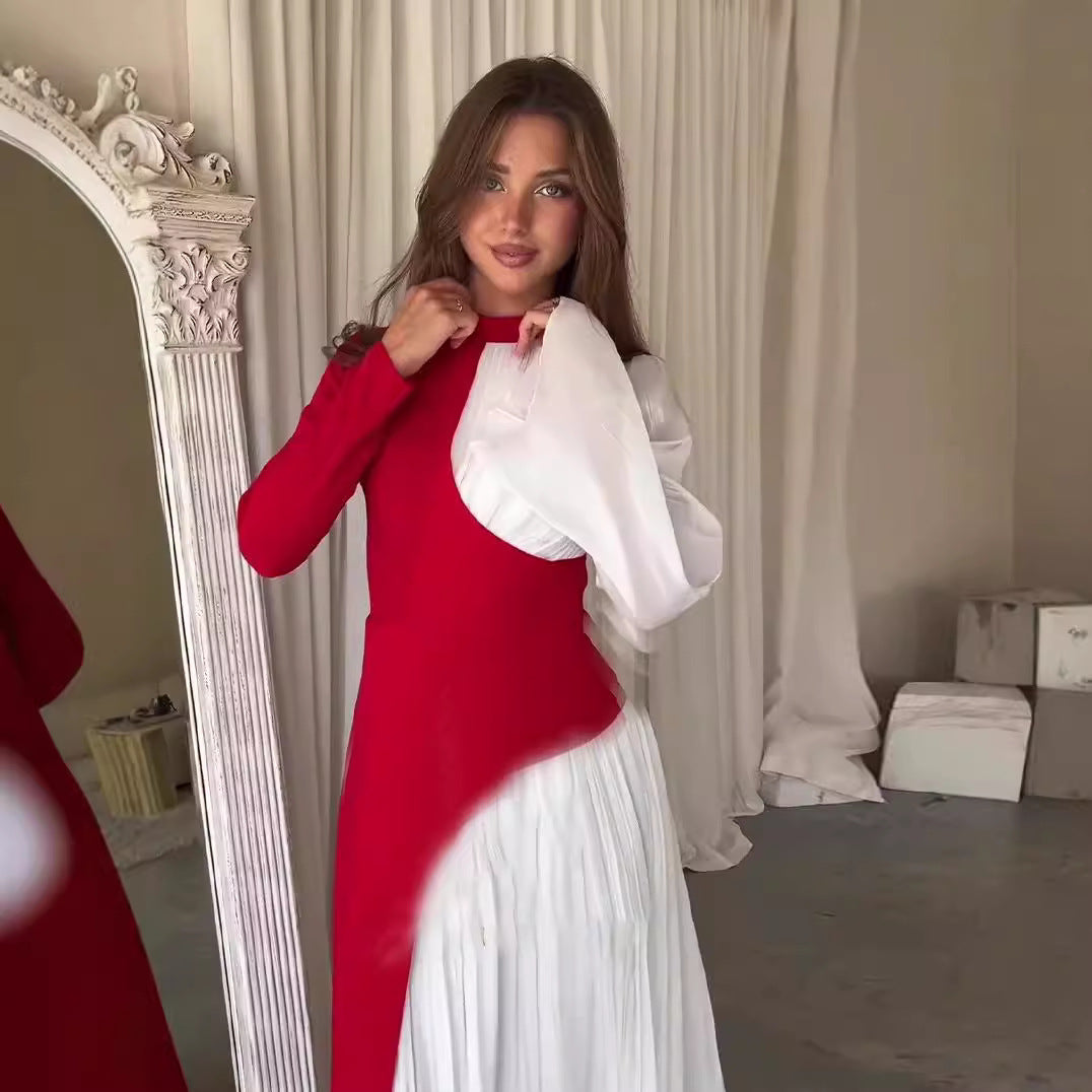 Round Neck Color Block Long Sleeve Slim Fit Belted Vintage Dress