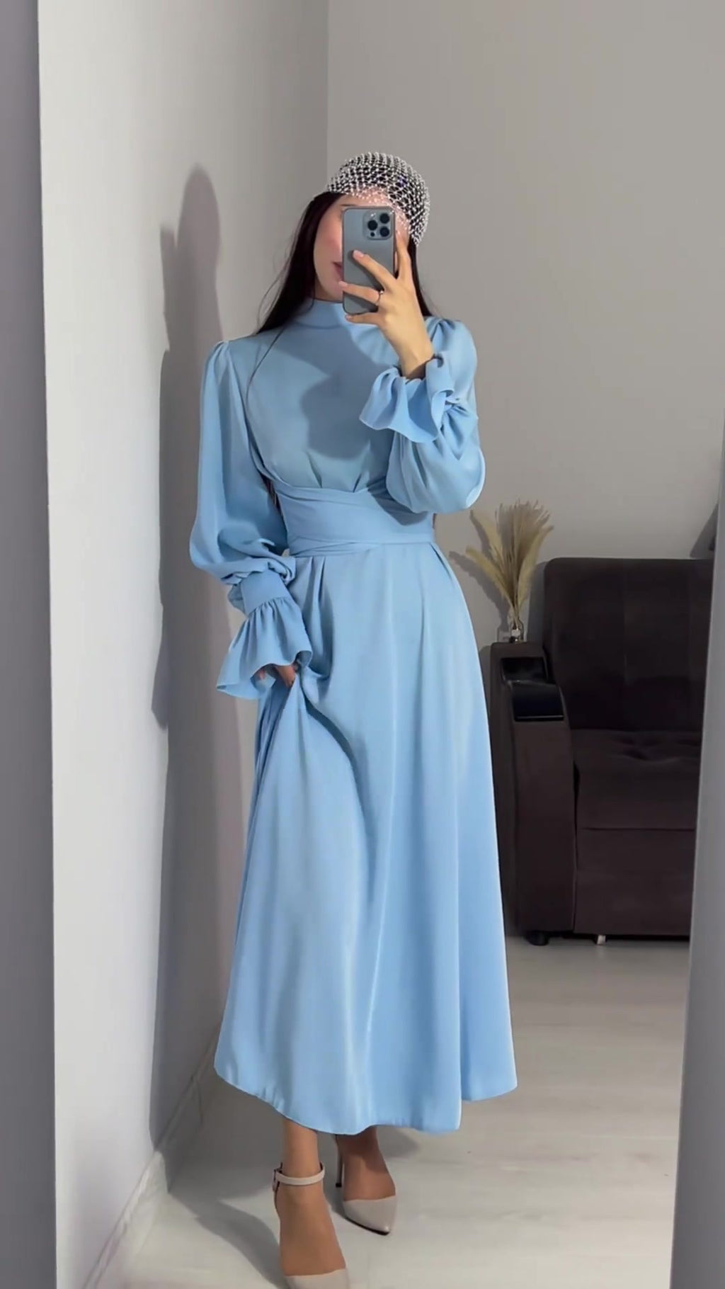 Autumn New Long Sleeve Waist Cinched Puff Sleeve Solid Color Fairy Style Dress