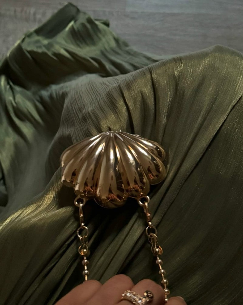 Autumn and winter pleated ribbon shiny evening dress