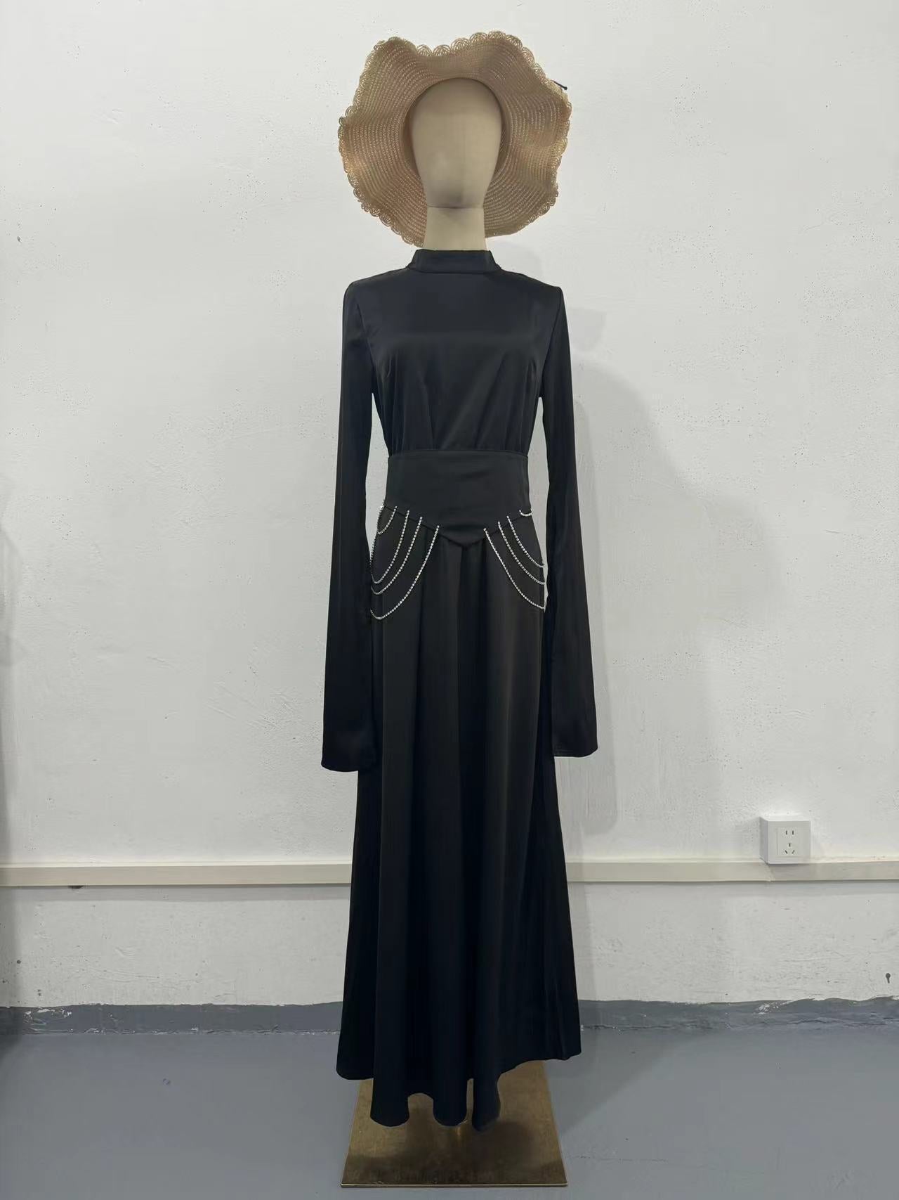 Spring New Cross-Border Palace Style Satin Waist-Cinching Elegant Half-High Collar Long Sleeve Dress