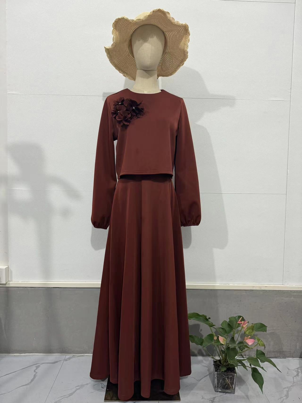 Autumn New Middle East Flower Lantern Sleeve Loose Dress Women's Dress Set Two-Piece Set