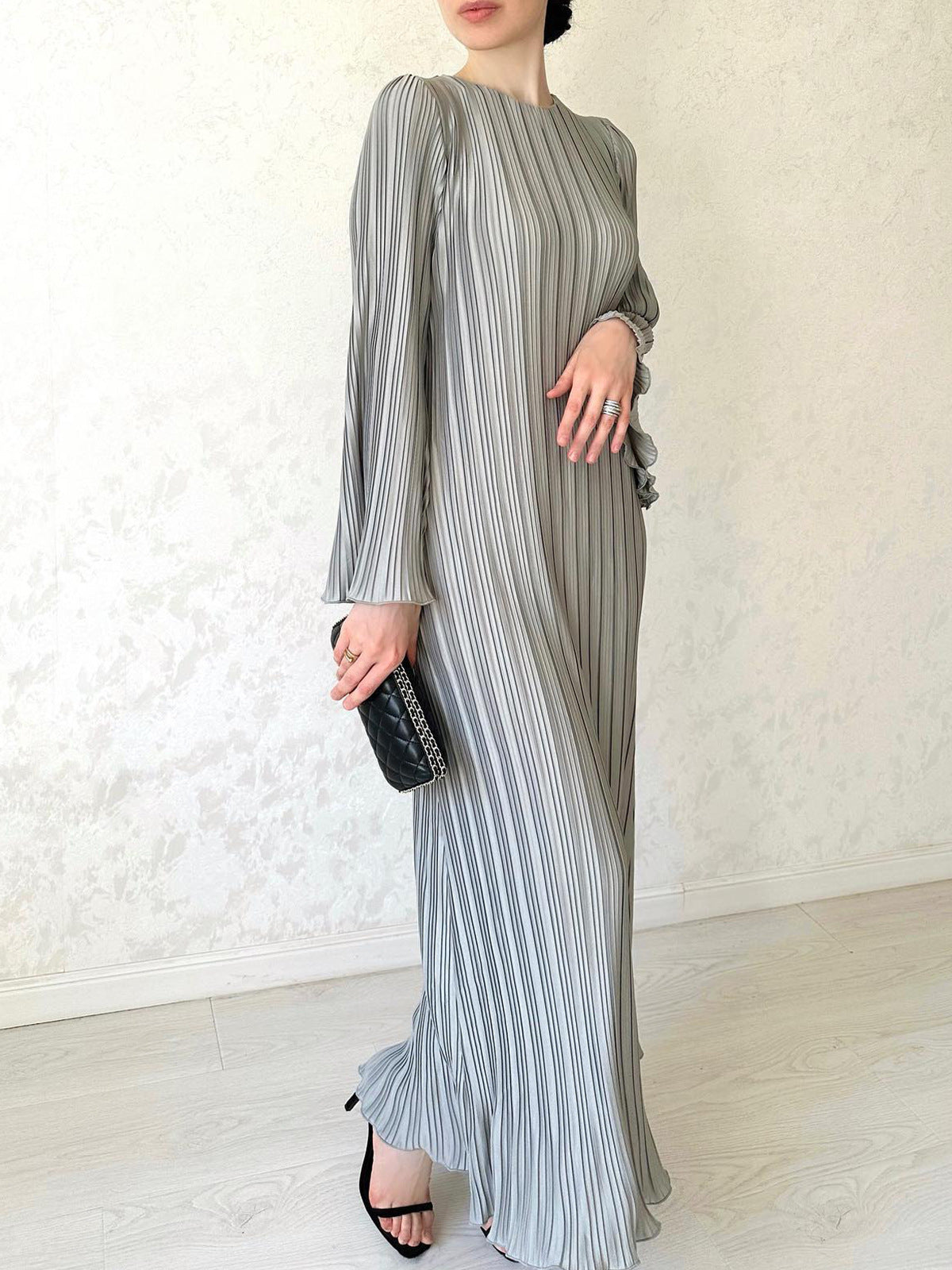 Women's Autumn New Long Dress Elegant Pleated Flared Sleeve Mid-Length Dress