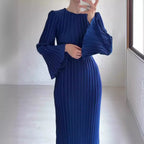 Women's Autumn New Long Dress Elegant Pleated Flared Sleeve Mid-Length Dress