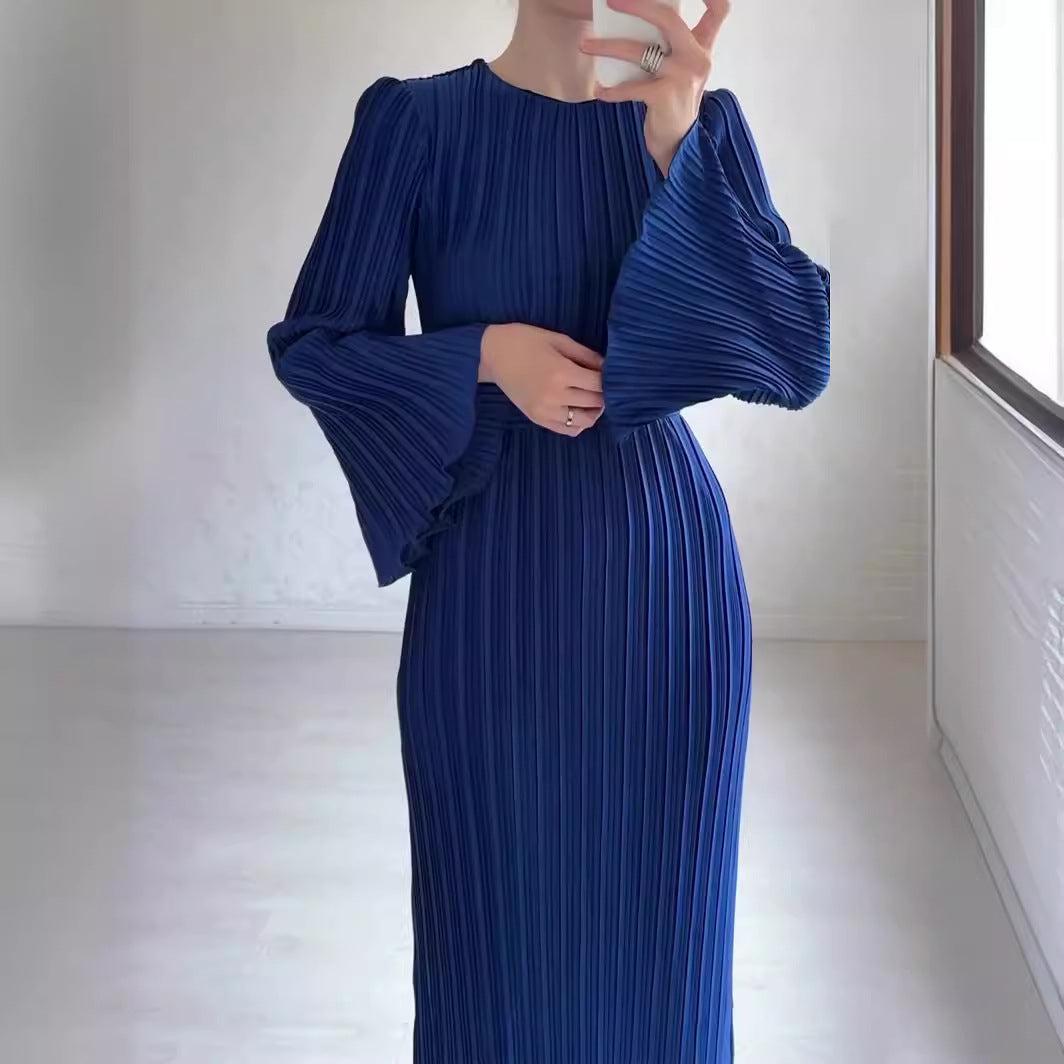 Women's Autumn New Long Dress Elegant Pleated Flared Sleeve Mid-Length Dress