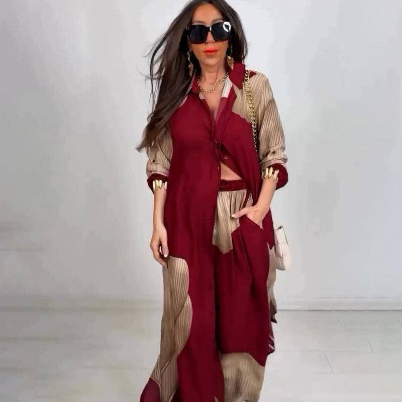 Elegant Sexy Printed Mid-Length Top and Wide-Leg Pants Two-Piece Set