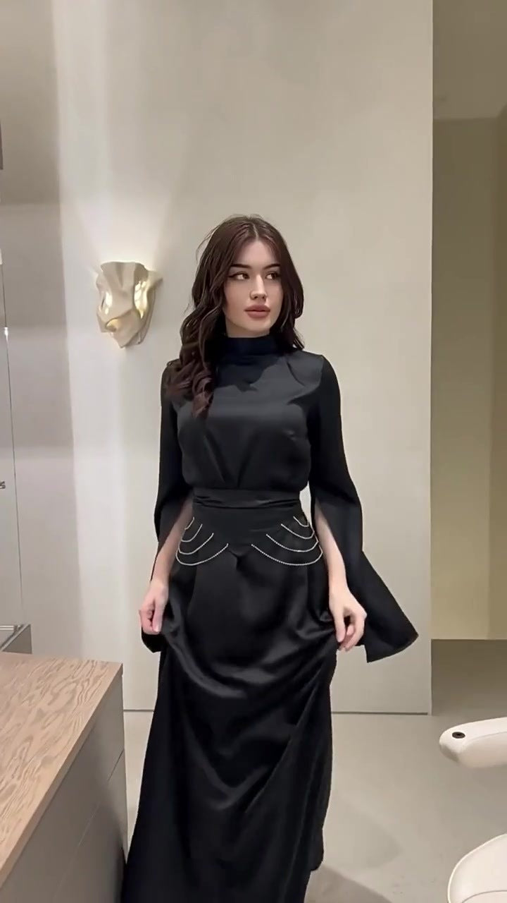 Spring New Cross-Border Palace Style Satin Waist-Cinching Elegant Half-High Collar Long Sleeve Dress