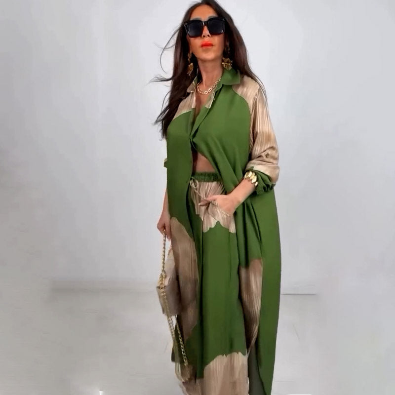 Elegant Sexy Printed Mid-Length Top and Wide-Leg Pants Two-Piece Set