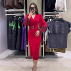 Women's V-neck Long Sleeve Printed Slim Waist Belt Split Dress