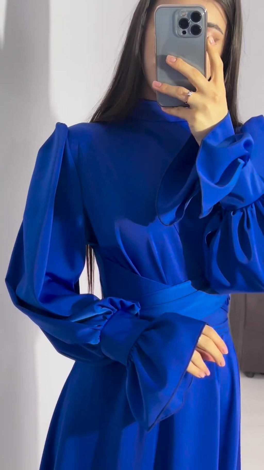 Autumn New Long Sleeve Waist Cinched Puff Sleeve Solid Color Fairy Style Dress