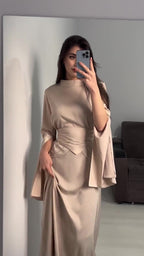 Spring New Cross-Border Palace Style Satin Waist-Cinching Elegant Half-High Collar Long Sleeve Dress