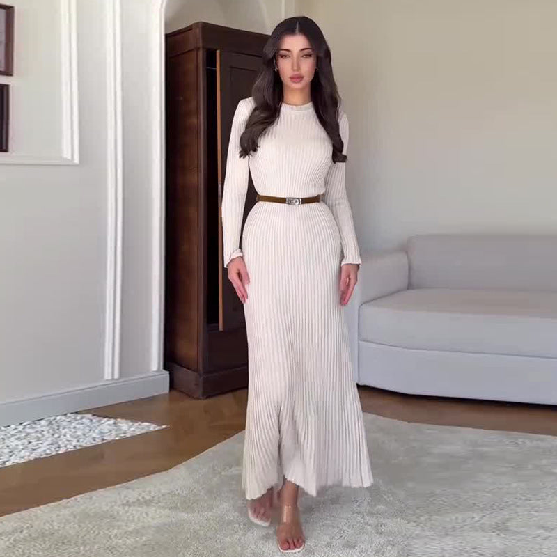 Women's Round Neck Long Sleeve Belted Waist Knitted Dress
