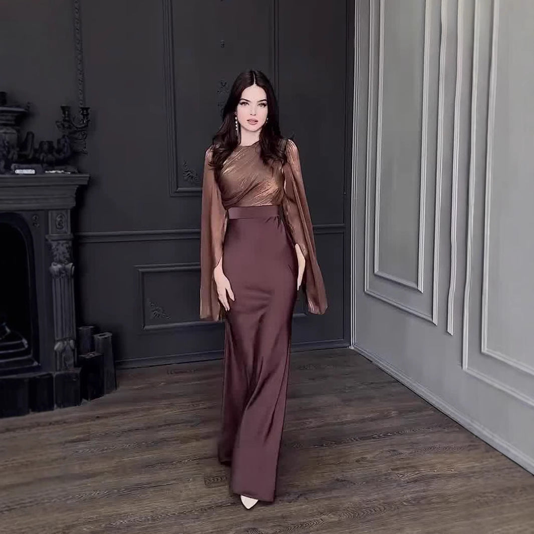 Autumn Patchwork Glass Veil Long Sleeve Satin Slim Dress