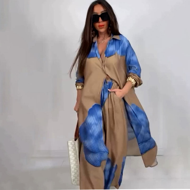 Elegant Sexy Printed Mid-Length Top and Wide-Leg Pants Two-Piece Set