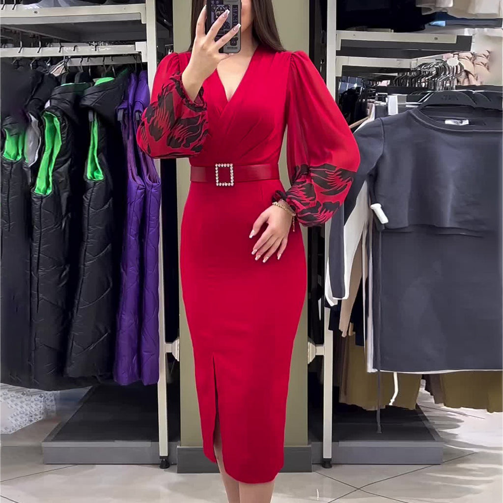 Women's V-neck Long Sleeve Printed Slim Waist Belt Split Dress