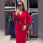 Women's V-neck Long Sleeve Printed Slim Waist Belt Split Dress
