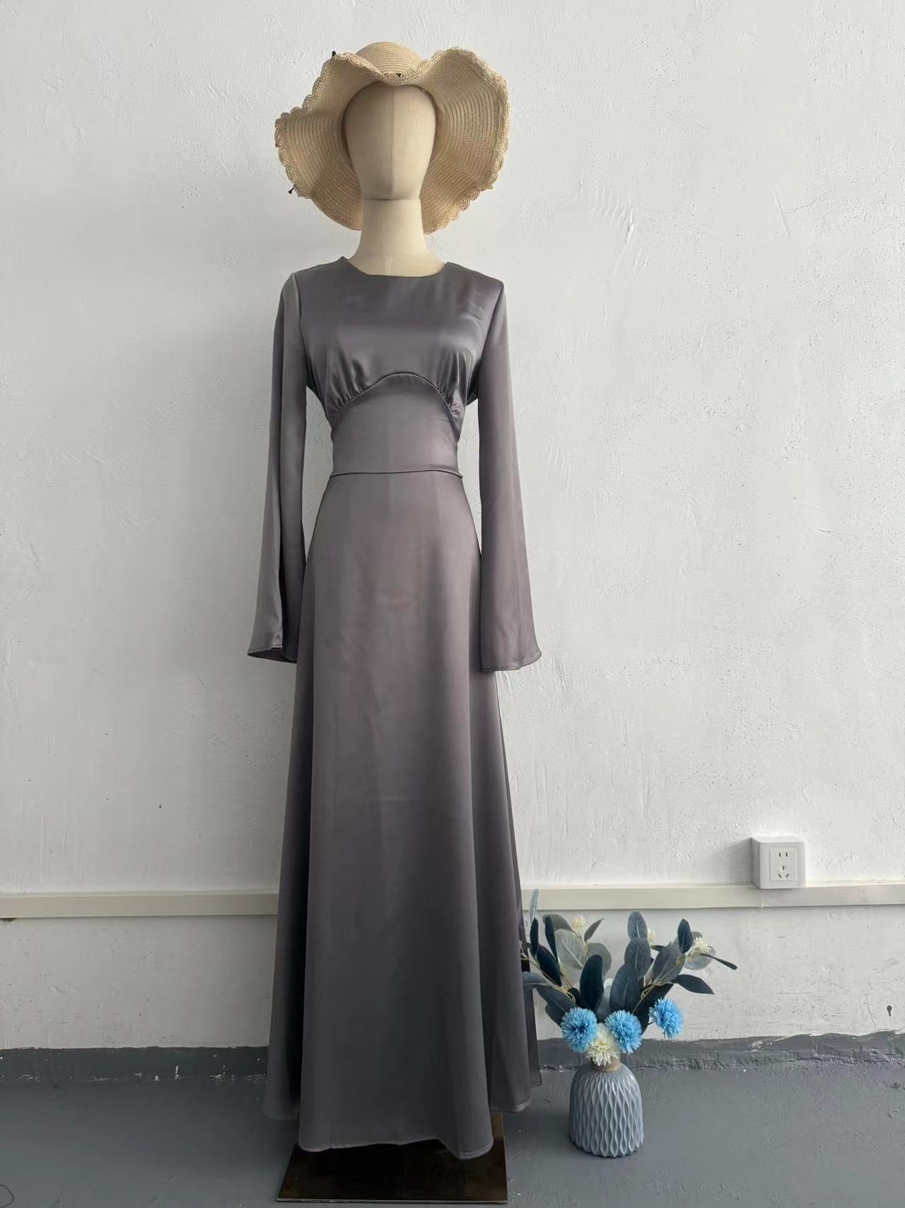 Spring New Waist-Cinching Slimming Tie Solid Color Long Sleeve Long Dress Elegant Women's Dress