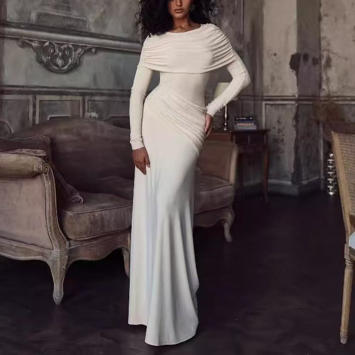 Women's Round Neck Design Pleated Waist Dress