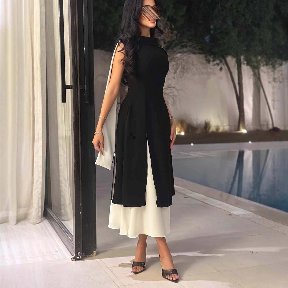 2025 Spring Summer Color Block Sleeveless Slim Fit Vintage Dress 