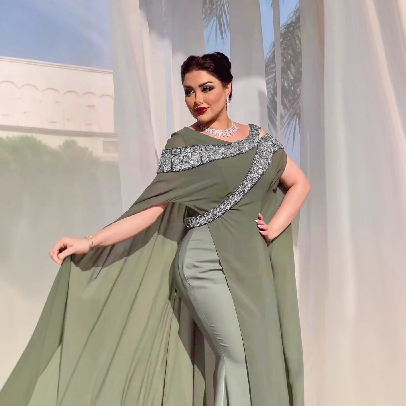 Autumn and Winter New Sexy Chiffon Bead Patchwork Prom Evening Dress