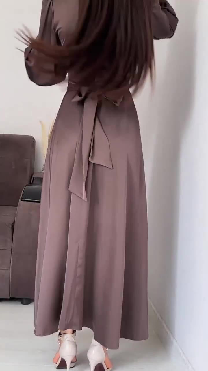 Autumn New Long Sleeve Waist Cinched Puff Sleeve Solid Color Fairy Style Dress