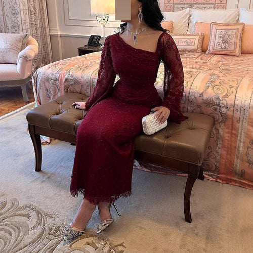 2025 Spring Elegant Lace Rhinestone Bodycon Evening Dress 
