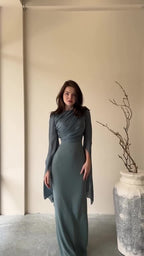 Summer Patchwork Glass Veil Long Sleeve Satin Slim Dress