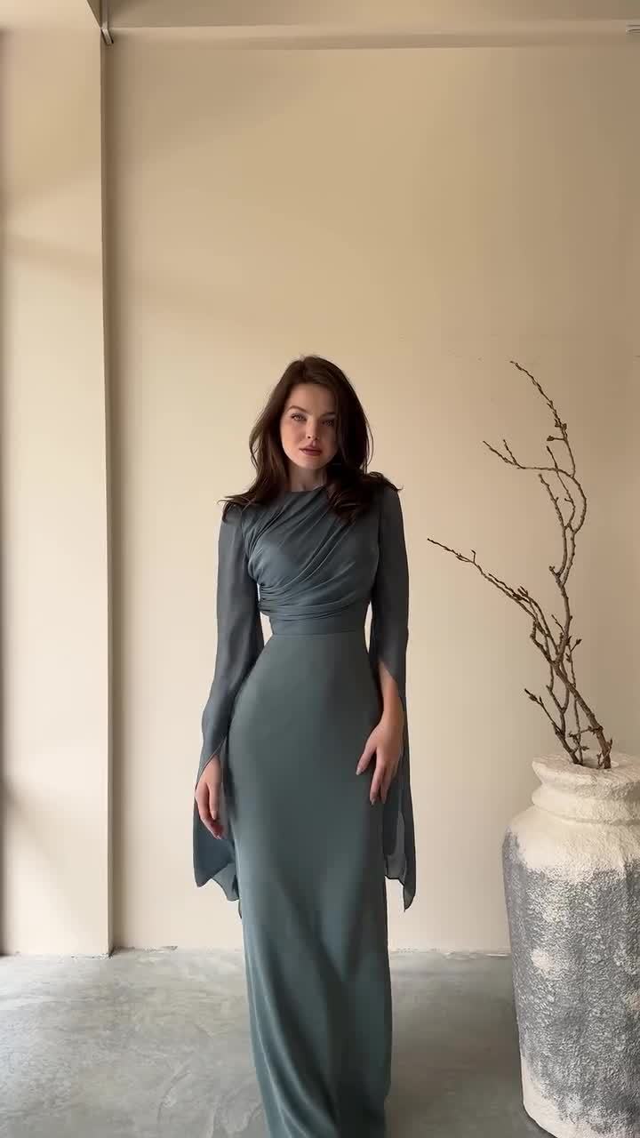 Summer Patchwork Glass Veil Long Sleeve Satin Slim Dress