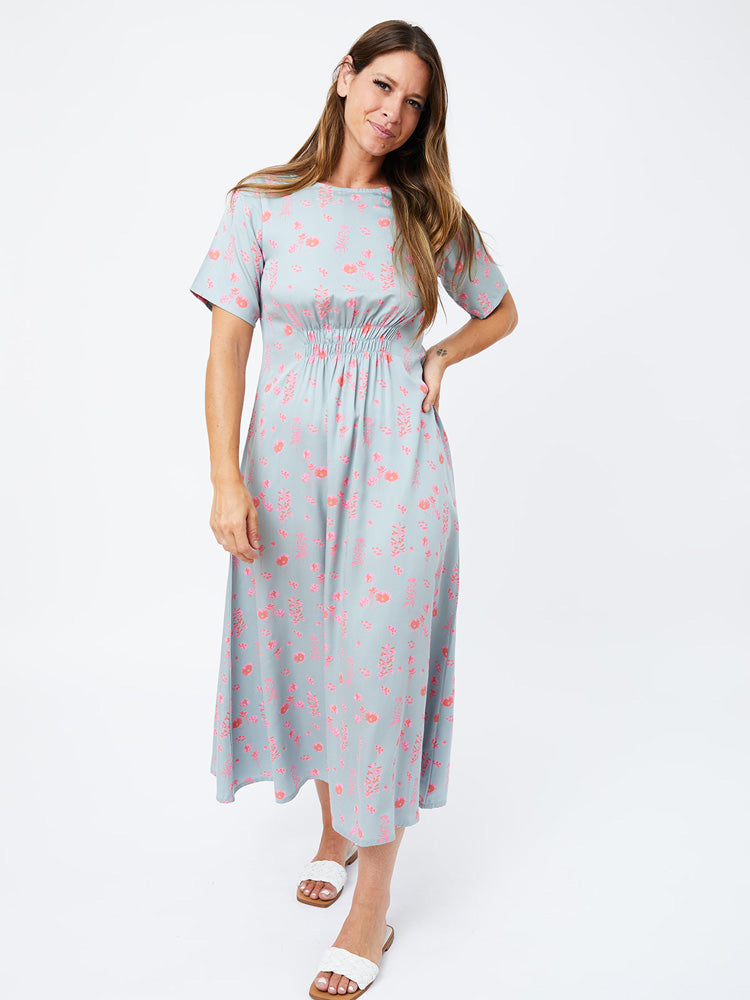 Artsy Traveler Short Sleeve Midi Dress - Botanical Slate