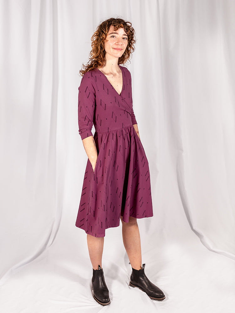 Callie 3/4 Sleeve Wrap Dress - Diamond Vine Dark Purple