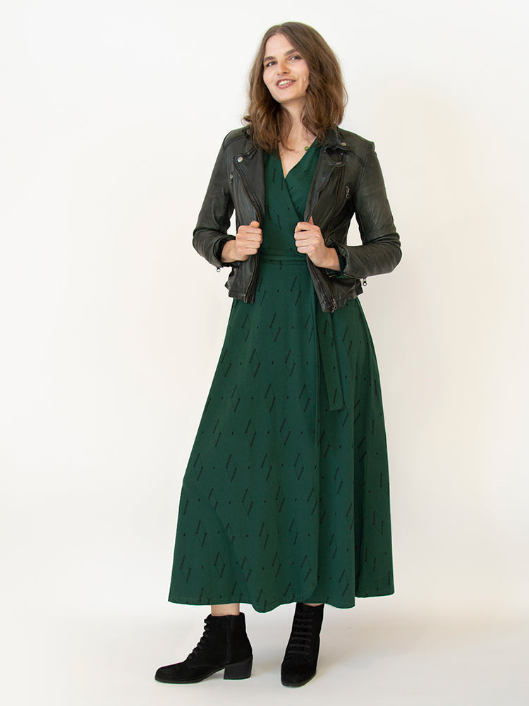 Katie Maxi Wrap Dress - Diamond Vine Dark Sage