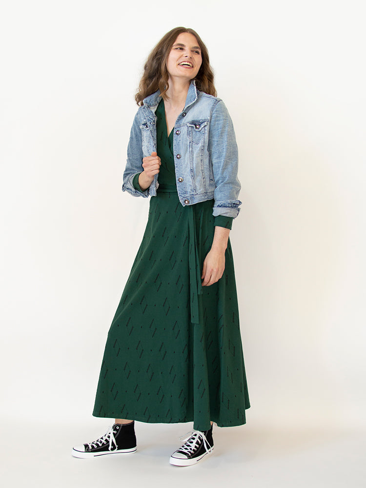 Katie Maxi Wrap Dress - Diamond Vine Dark Sage