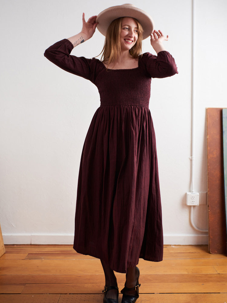 Hailee Smocked Midi Dress - Maroon Plaid