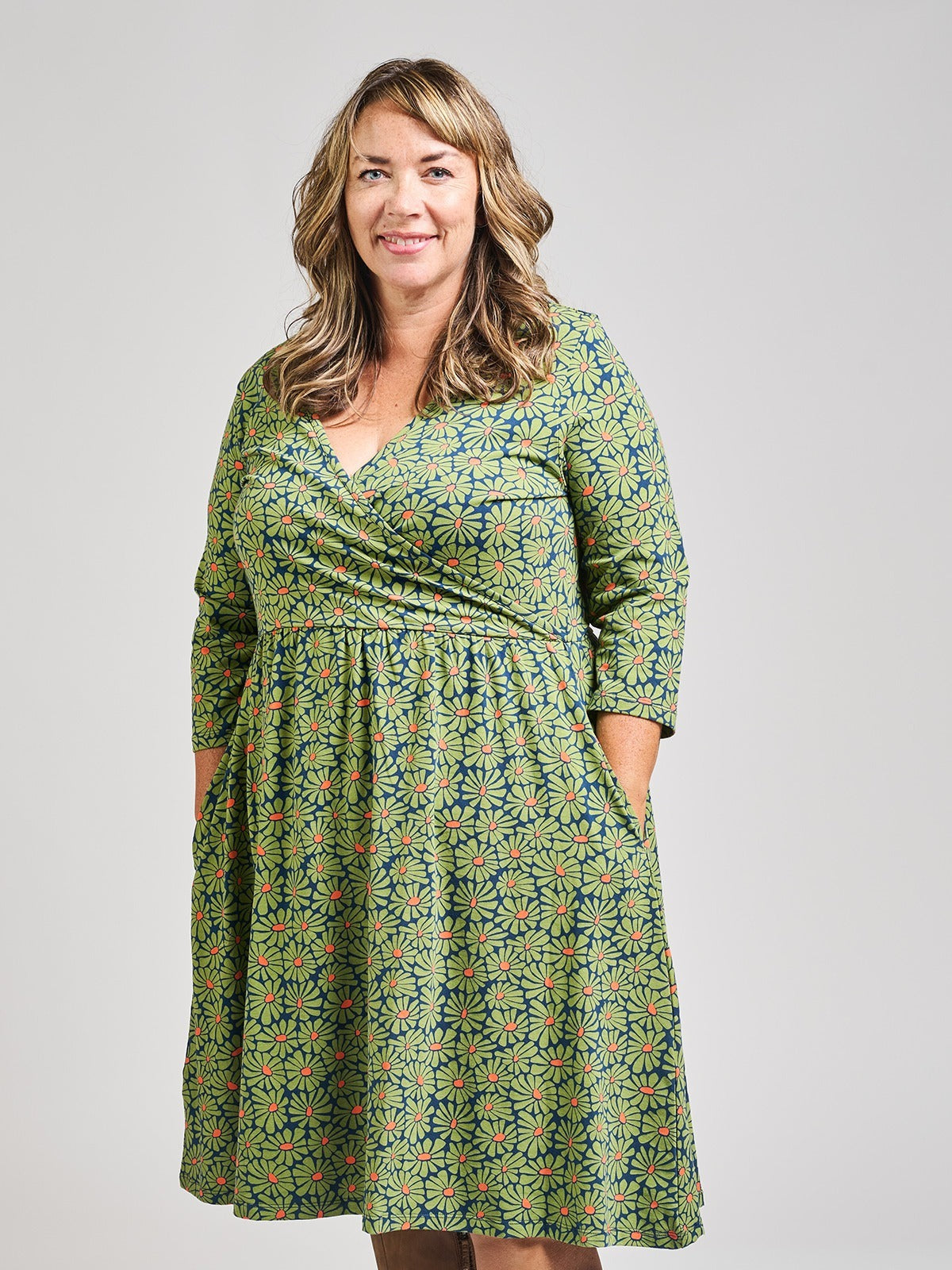 Callie 3/4 Sleeve Plus Size Wrap Dress - Olive Floral