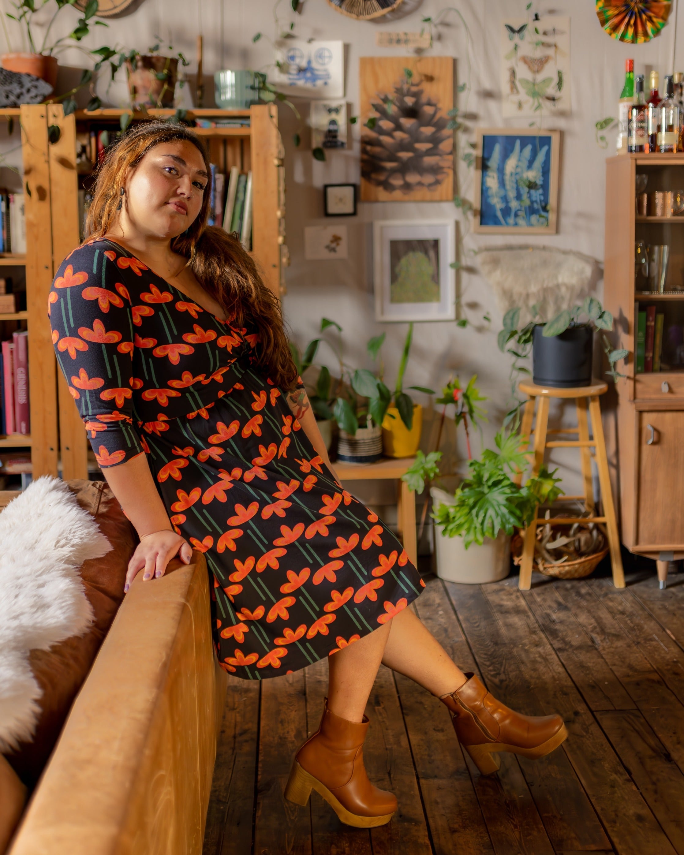 Callie 3/4 Sleeve Wrap Dress - Mod Daisy Poppy