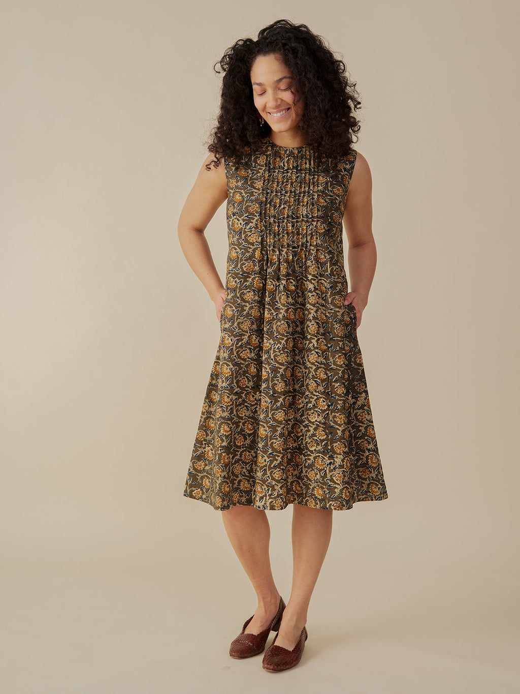 Penny Pintucked Dress - Olive Kalamkari