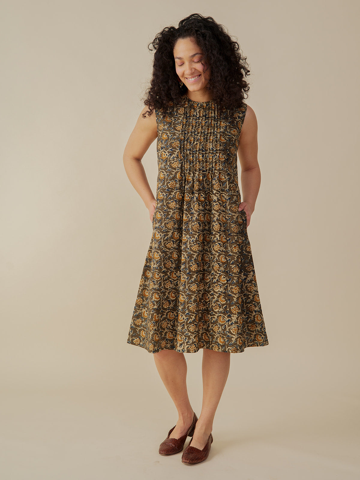 Penny Pintucked Dress - Olive Kalamkari