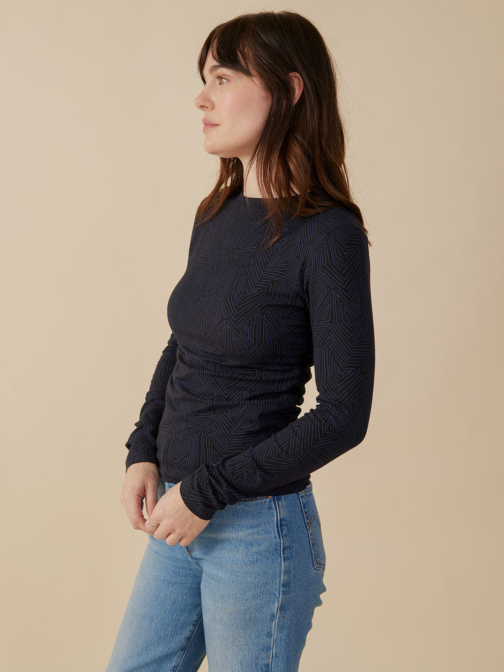 Jane Long Sleeve Ruched Top - Tree Rings Midnight