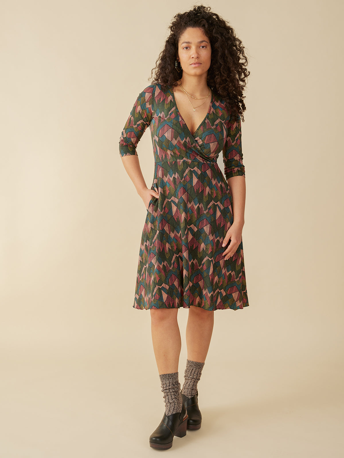 Callie 3/4 Sleeve Wrap Dress - Geo Jewels