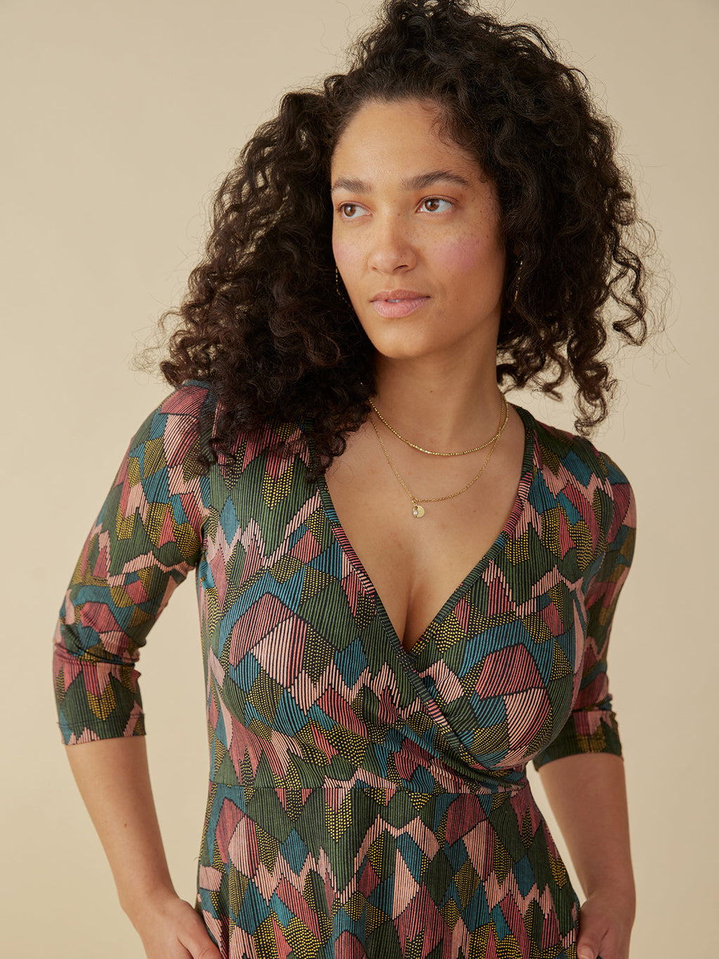 Callie 3/4 Sleeve Wrap Dress - Geo Jewels
