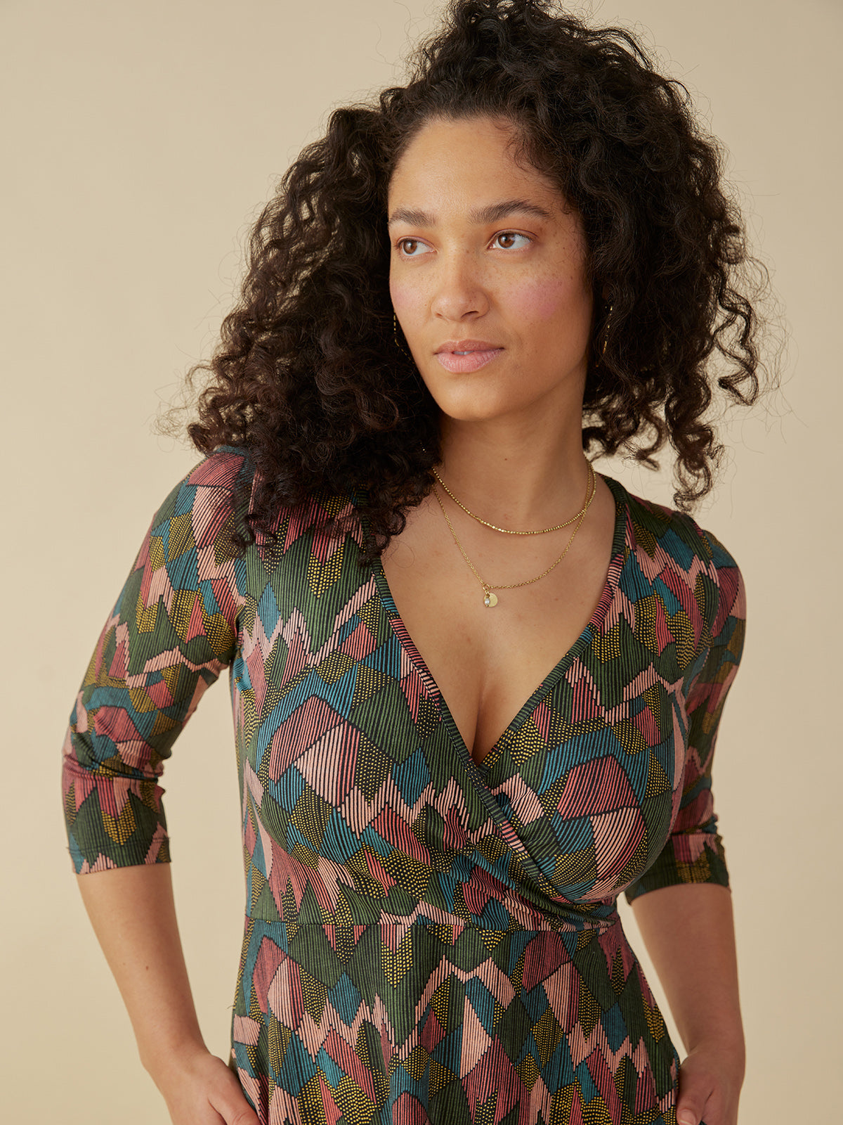 Callie 3/4 Sleeve Wrap Dress - Geo Jewels