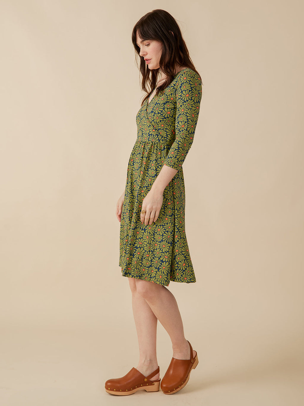 Callie 3/4 Sleeve Wrap Dress - Olive Floral
