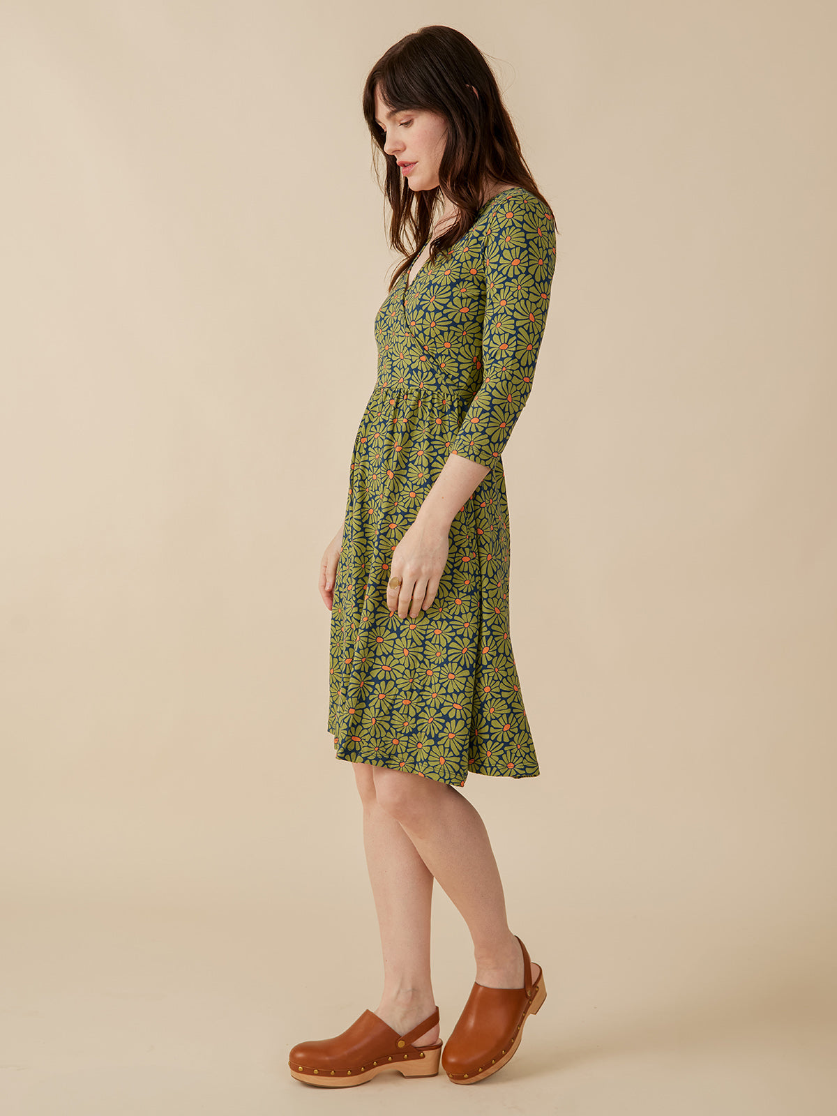 Callie 3/4 Sleeve Wrap Dress - Olive Floral