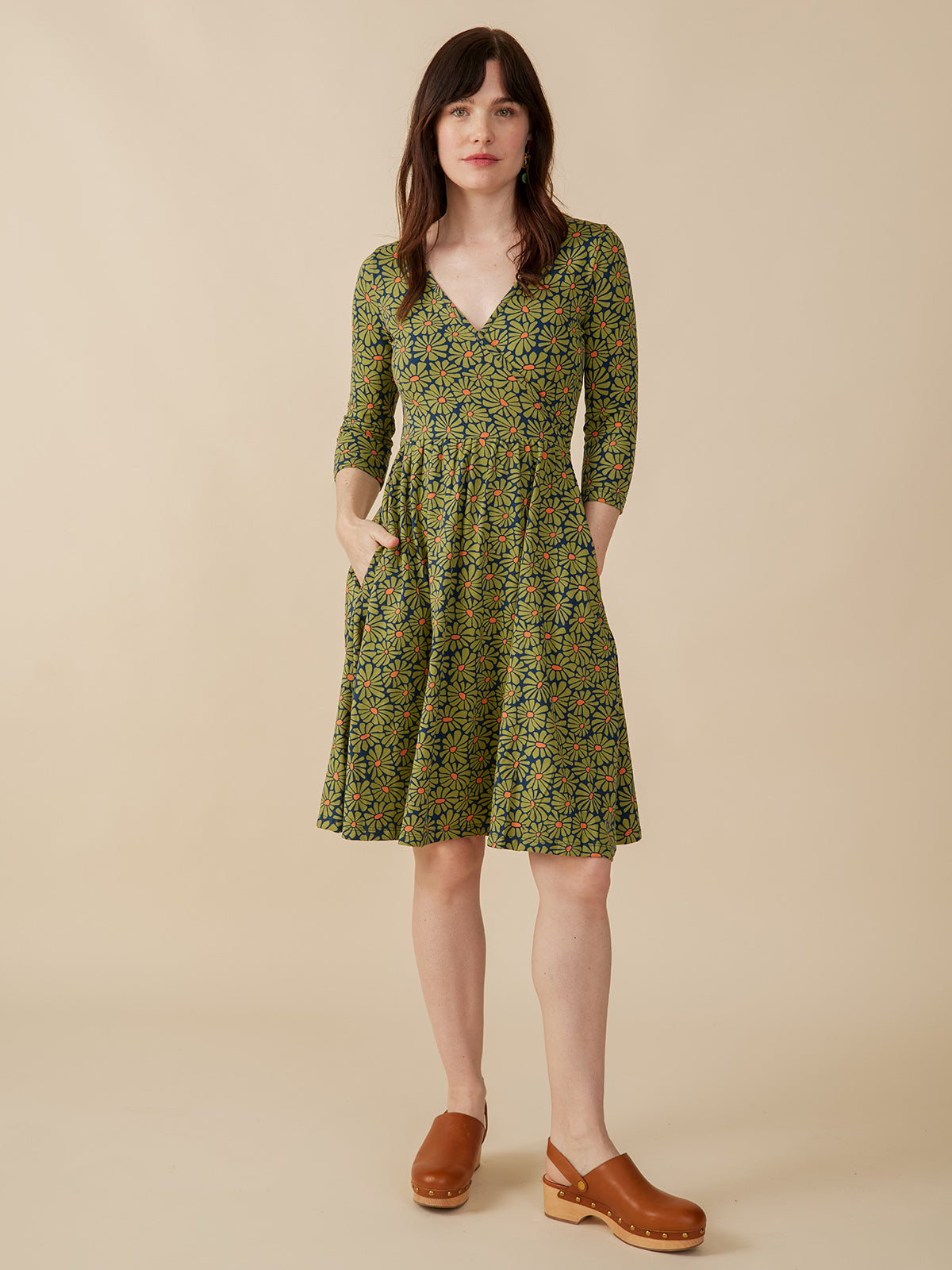Callie 3/4 Sleeve Wrap Dress - Olive Floral